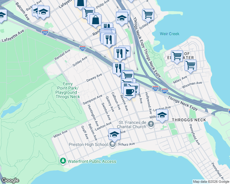 map of restaurants, bars, coffee shops, grocery stores, and more near 342 Calhoun Avenue in Bronx