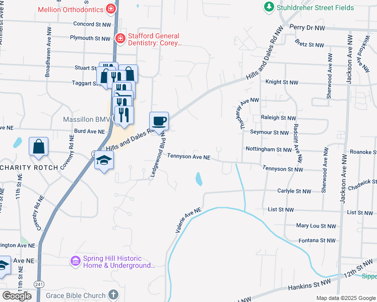map of restaurants, bars, coffee shops, grocery stores, and more near 1954 Tennyson Avenue Northeast in Massillon