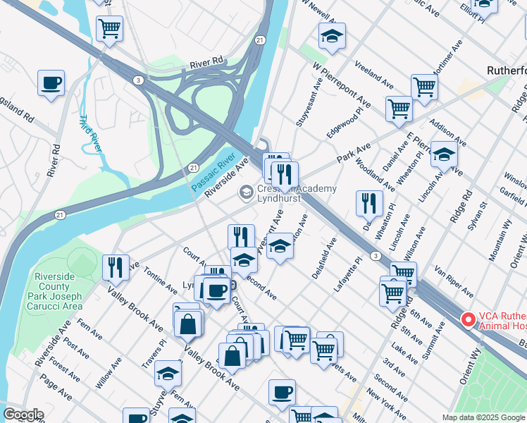 map of restaurants, bars, coffee shops, grocery stores, and more near 34 Park Avenue in Lyndhurst