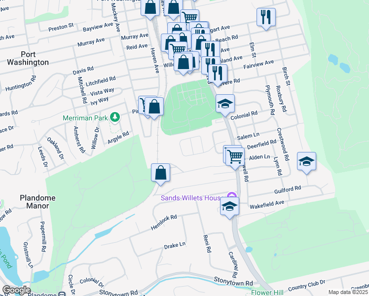 map of restaurants, bars, coffee shops, grocery stores, and more near 44 Essex Court in Port Washington