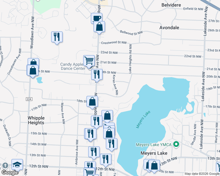 map of restaurants, bars, coffee shops, grocery stores, and more near 4321 Lake Heights Road Northwest in Canton