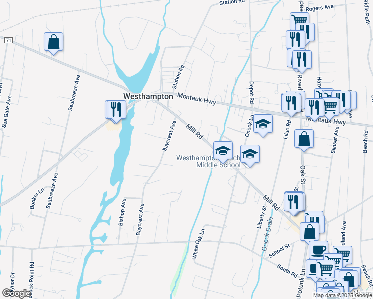 map of restaurants, bars, coffee shops, grocery stores, and more near 397 Mill Road in Westhampton