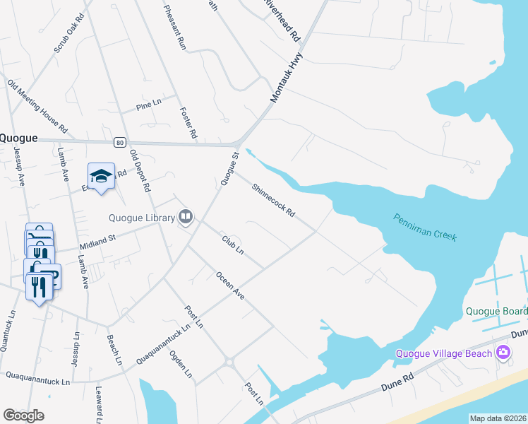 map of restaurants, bars, coffee shops, grocery stores, and more near 17 Shinnecock Road in East Quogue