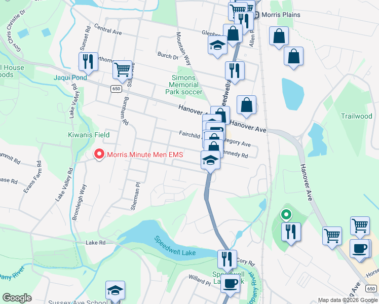 map of restaurants, bars, coffee shops, grocery stores, and more near 15 Sanders Street in Morris Plains