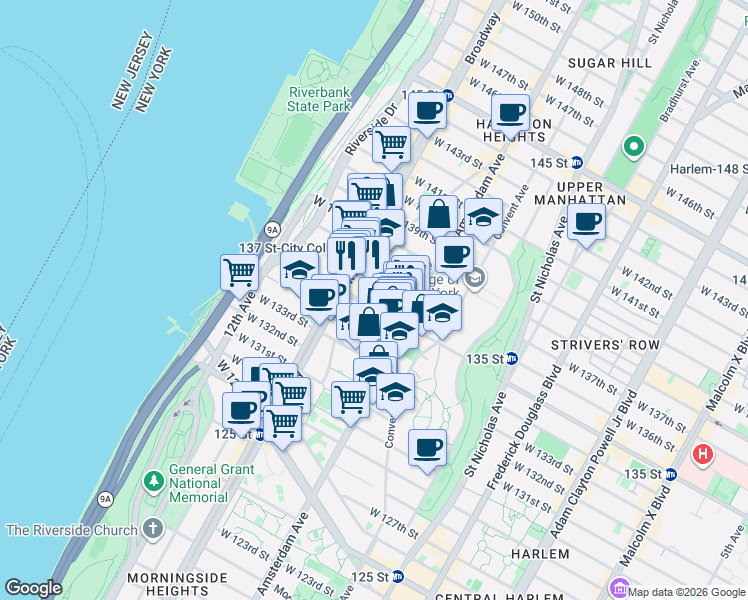 map of restaurants, bars, coffee shops, grocery stores, and more near 521 West 135th Street in New York