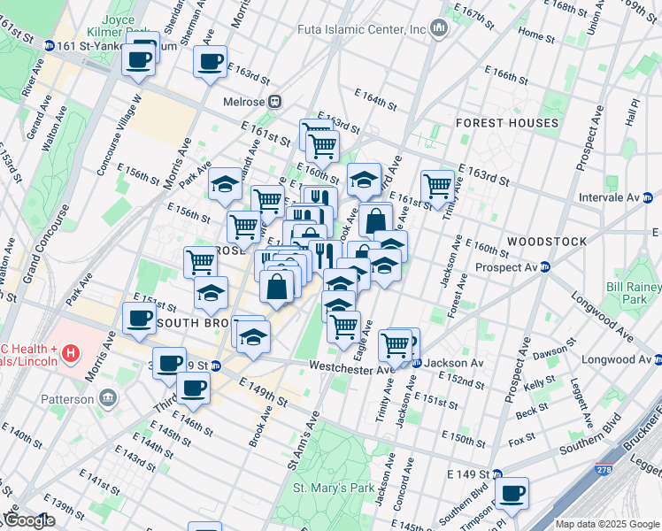 map of restaurants, bars, coffee shops, grocery stores, and more near Brook Ave & E 156th St in Bronx