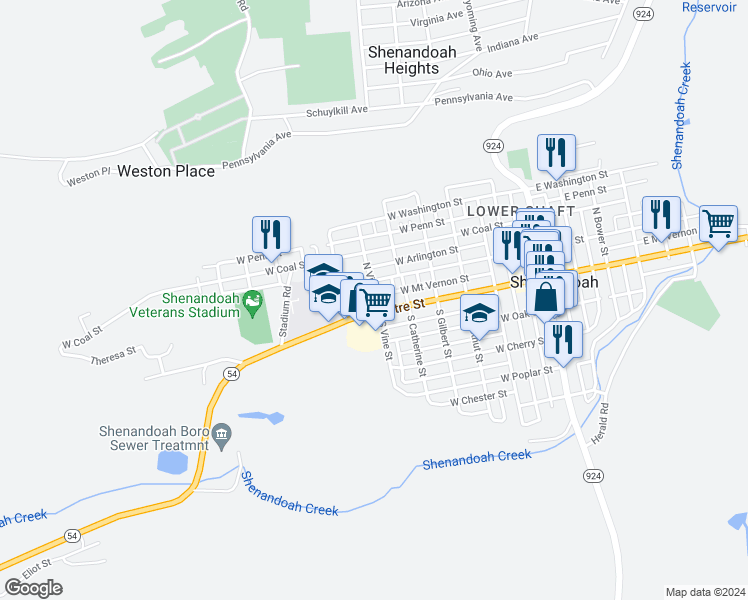map of restaurants, bars, coffee shops, grocery stores, and more near 22 -24 North Vine Street in Shenandoah