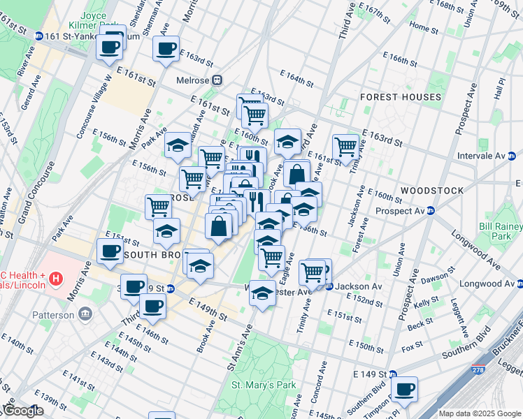 map of restaurants, bars, coffee shops, grocery stores, and more near Brook Ave & E 156th St in Bronx