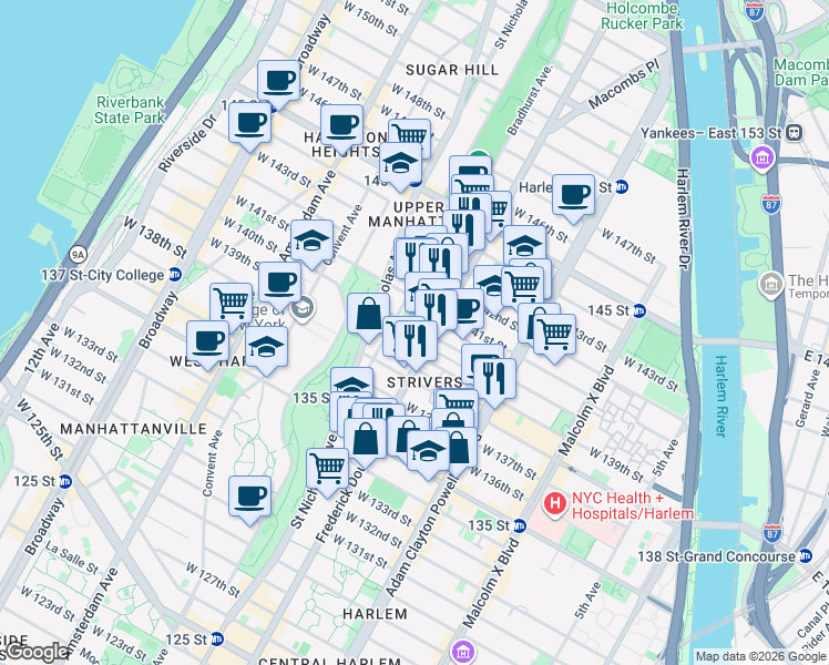 map of restaurants, bars, coffee shops, grocery stores, and more near 306 West 140th Street in New York