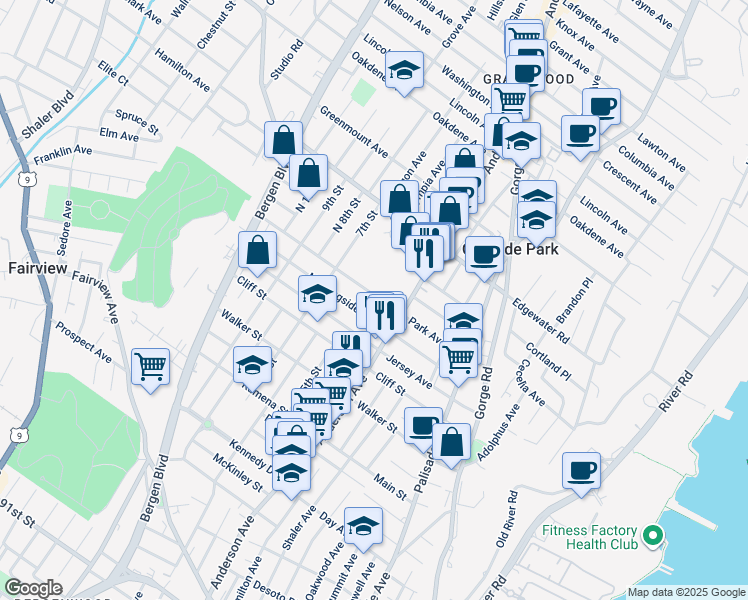 map of restaurants, bars, coffee shops, grocery stores, and more near 368 Park Avenue in Fairview