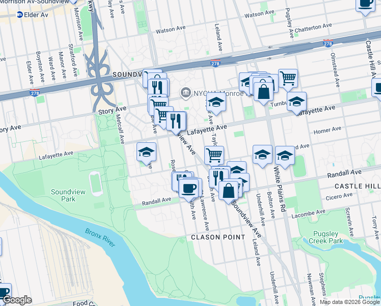 map of restaurants, bars, coffee shops, grocery stores, and more near 715 Saint Lawrence Avenue in Bronx