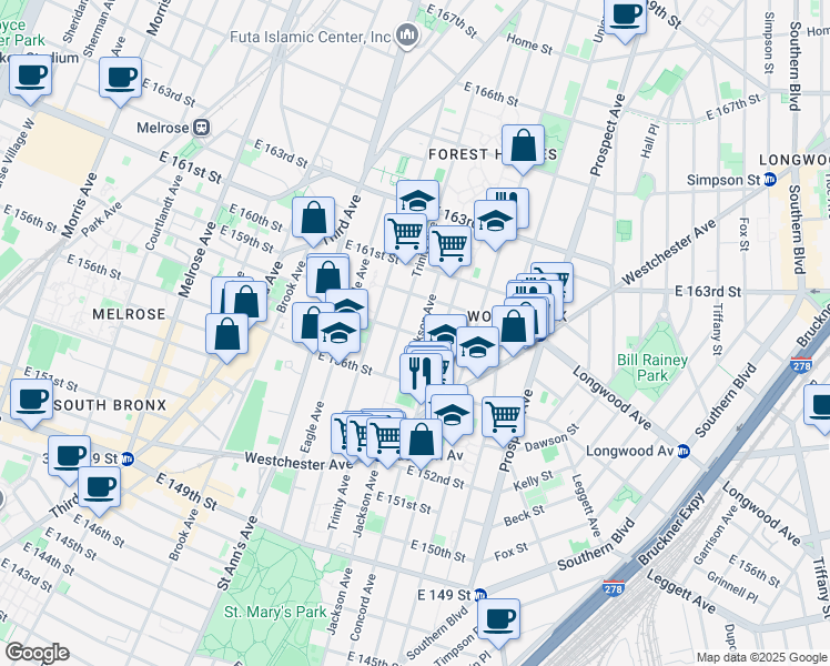 map of restaurants, bars, coffee shops, grocery stores, and more near 793 Jackson Avenue in Bronx