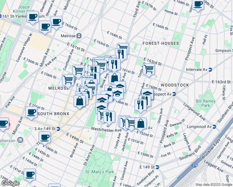 map of restaurants, bars, coffee shops, grocery stores, and more near 609 Eagle Avenue in Bronx