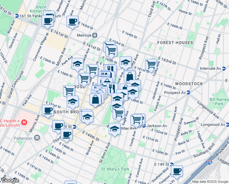 map of restaurants, bars, coffee shops, grocery stores, and more near in The Bronx