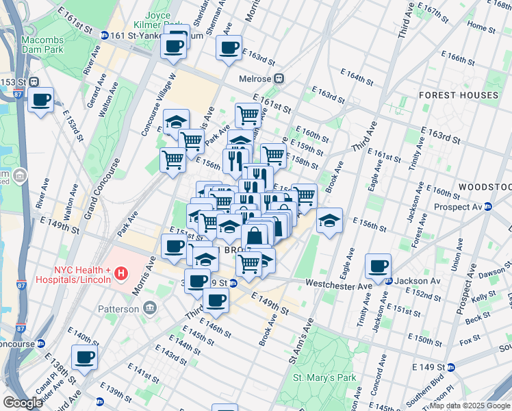 map of restaurants, bars, coffee shops, grocery stores, and more near 378 East 154th Street in Bronx
