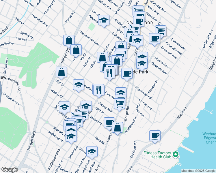 map of restaurants, bars, coffee shops, grocery stores, and more near 410 Anderson Avenue in Cliffside Park