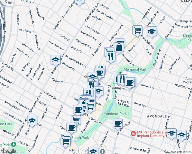 map of restaurants, bars, coffee shops, grocery stores, and more near 276 Chestnut Street in Nutley