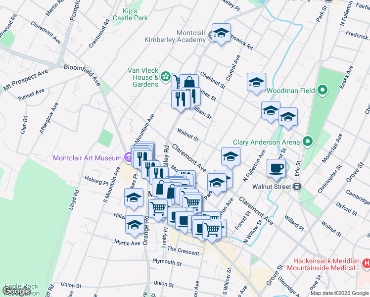 map of restaurants, bars, coffee shops, grocery stores, and more near 290 Claremont Avenue in Montclair
