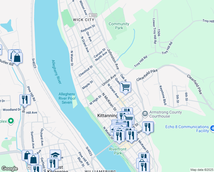map of restaurants, bars, coffee shops, grocery stores, and more near 418 North McKean Street in Kittanning