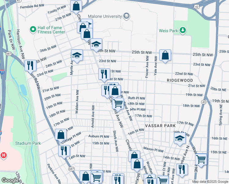 map of restaurants, bars, coffee shops, grocery stores, and more near 829 19th Street Northwest in Canton