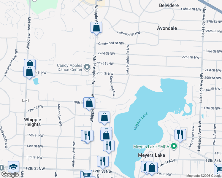map of restaurants, bars, coffee shops, grocery stores, and more near 4321 Lake Heights Road Northwest in Canton