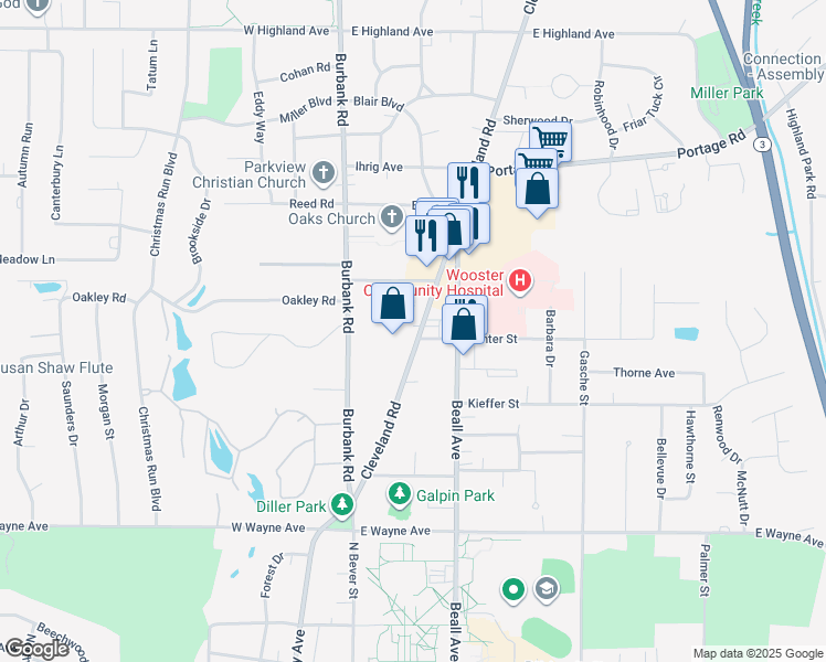 map of restaurants, bars, coffee shops, grocery stores, and more near 1708 Cleveland Road in Wooster
