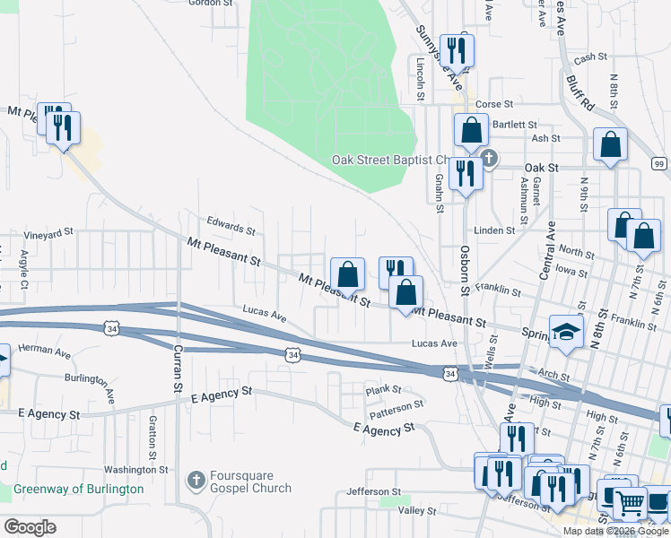 map of restaurants, bars, coffee shops, grocery stores, and more near 1114 Bryan Avenue in Burlington