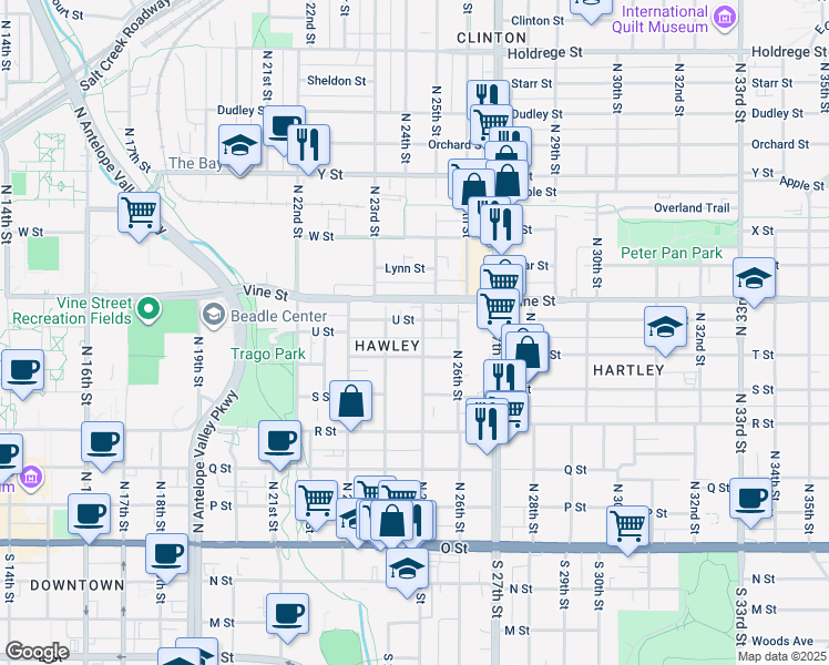 map of restaurants, bars, coffee shops, grocery stores, and more near 601 North 25th Street in Lincoln