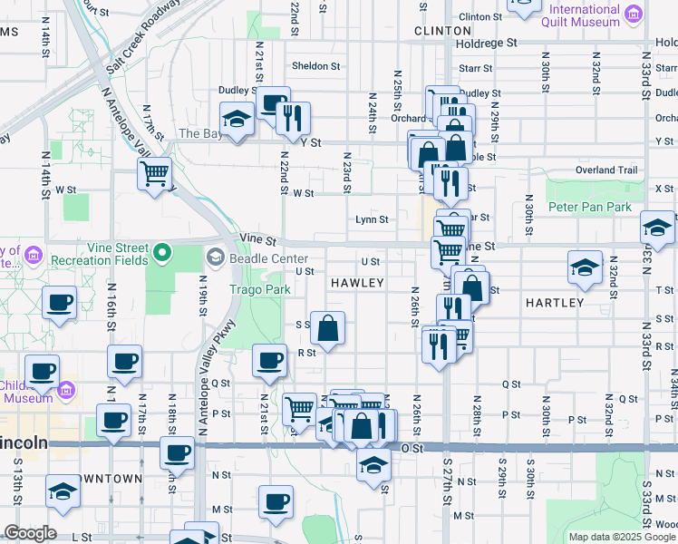 map of restaurants, bars, coffee shops, grocery stores, and more near 621 North 24th Street in Lincoln