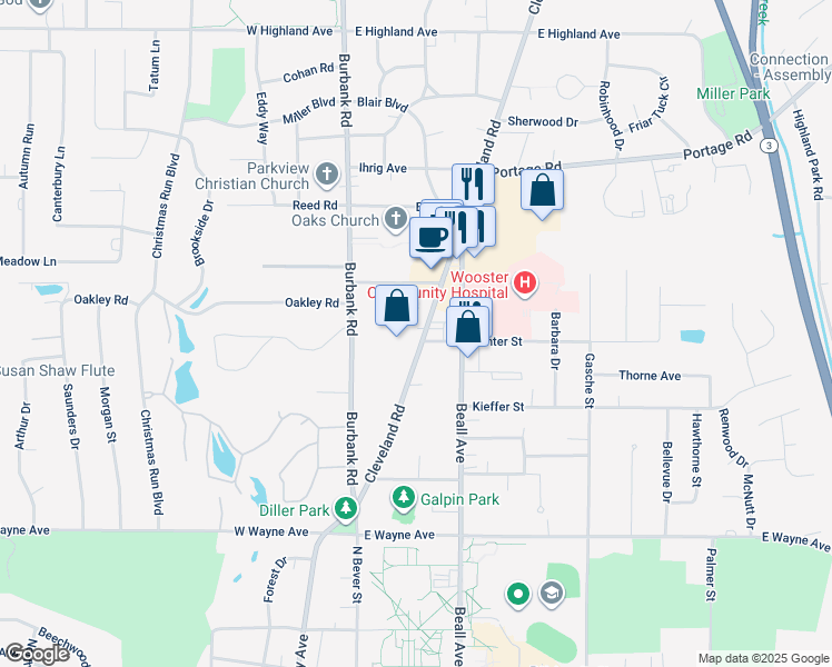 map of restaurants, bars, coffee shops, grocery stores, and more near 1708 Cleveland Road in Wooster