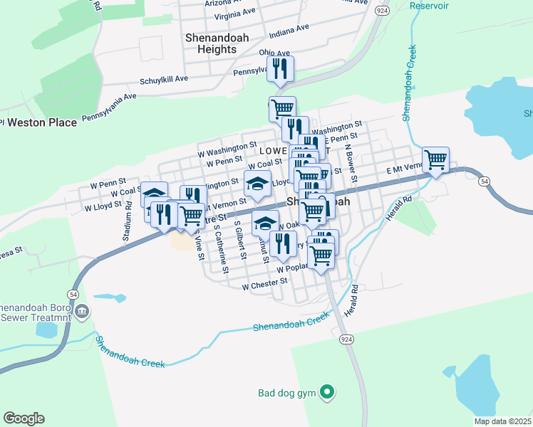 map of restaurants, bars, coffee shops, grocery stores, and more near 223 West New York Street in Shenandoah