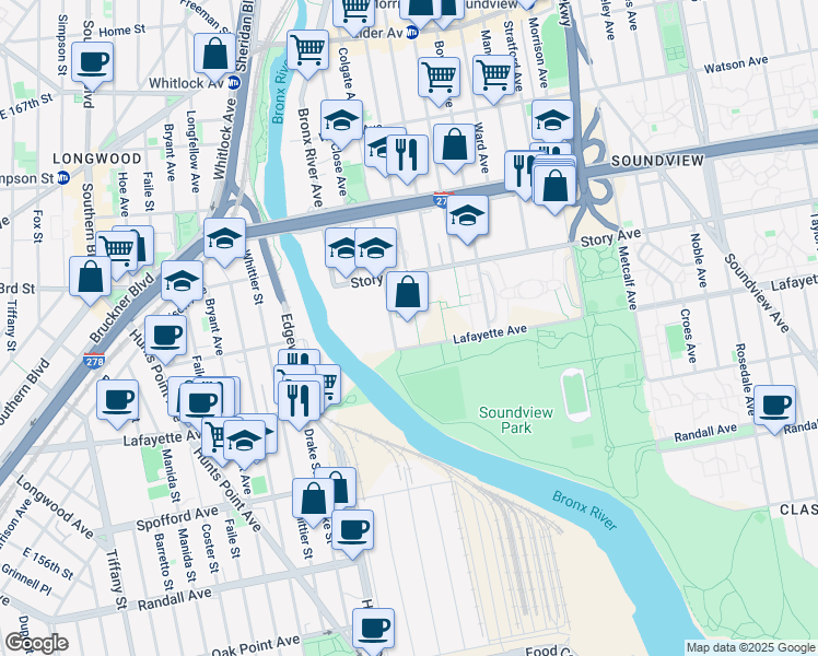 map of restaurants, bars, coffee shops, grocery stores, and more near 820 Colgate Avenue in Bronx