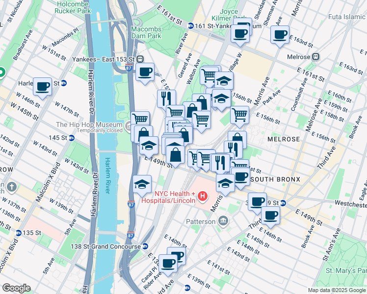 map of restaurants, bars, coffee shops, grocery stores, and more near 598 Grand Concourse in The Bronx