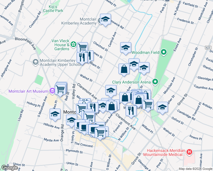 map of restaurants, bars, coffee shops, grocery stores, and more near 180 Walnut Street in Montclair