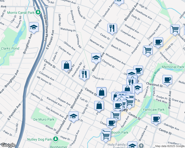 map of restaurants, bars, coffee shops, grocery stores, and more near 160 Church Street in Nutley