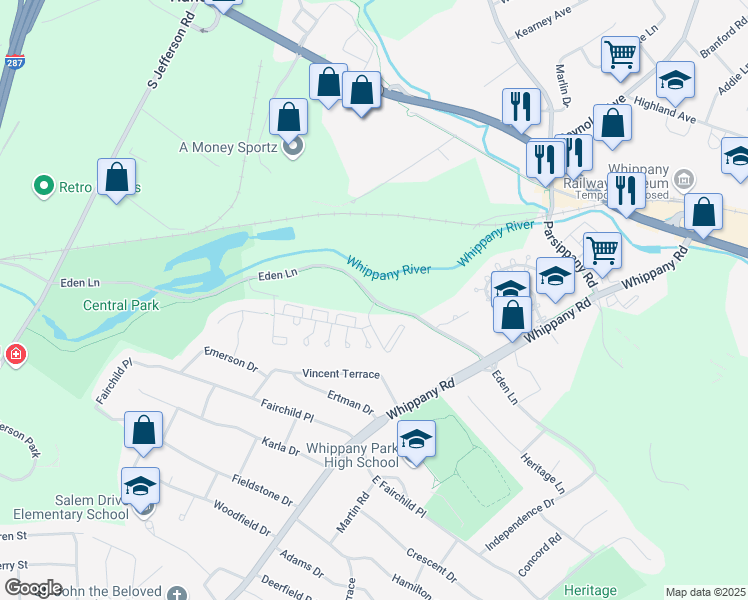 map of restaurants, bars, coffee shops, grocery stores, and more near 21 Eden Lane in Hanover