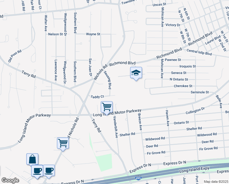 map of restaurants, bars, coffee shops, grocery stores, and more near 77 Teddy Court in Ronkonkoma