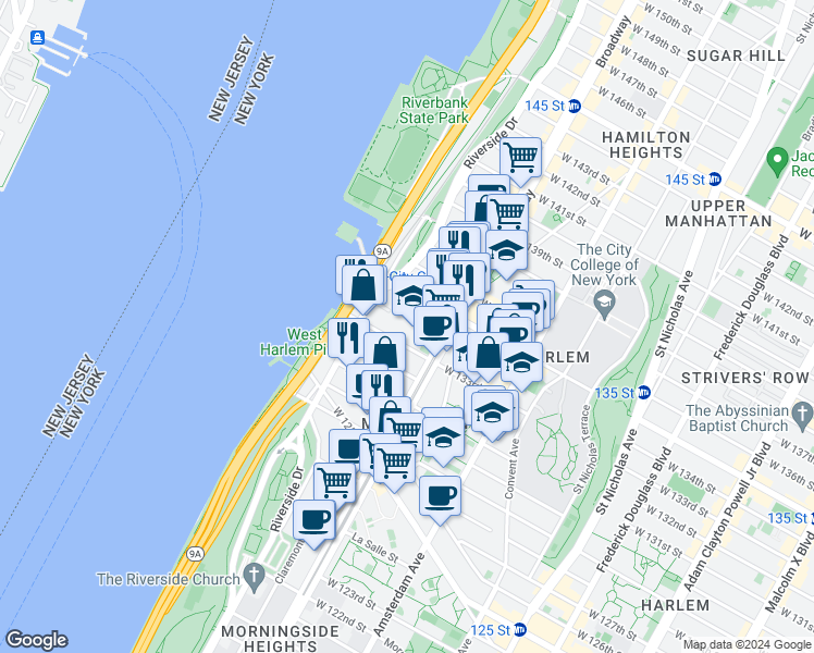 map of restaurants, bars, coffee shops, grocery stores, and more near 3333 Broadway in New York