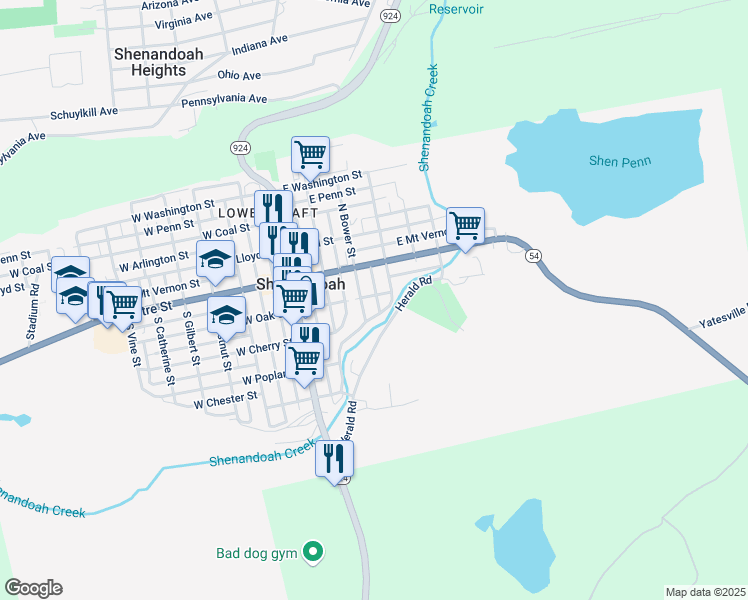 map of restaurants, bars, coffee shops, grocery stores, and more near 214 East Oak Street in Shenandoah