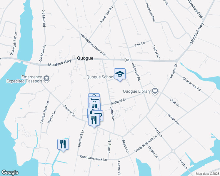 map of restaurants, bars, coffee shops, grocery stores, and more near 34 Lamb Avenue in Quogue