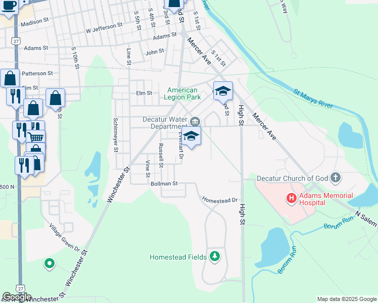 map of restaurants, bars, coffee shops, grocery stores, and more near 901 Everhart Drive in Decatur