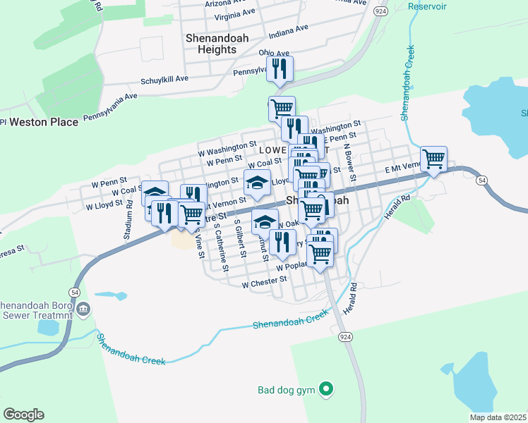 map of restaurants, bars, coffee shops, grocery stores, and more near 228 West Centre Street in Shenandoah