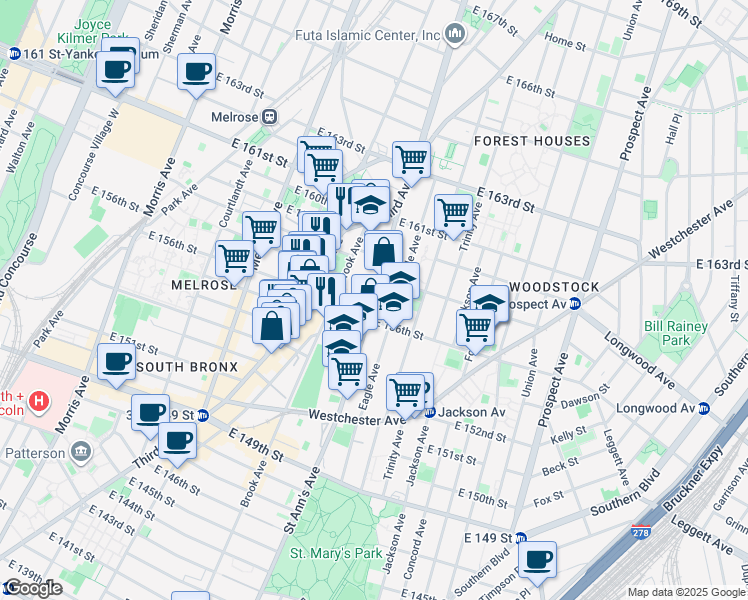 map of restaurants, bars, coffee shops, grocery stores, and more near 519 East 156th Street in Bronx