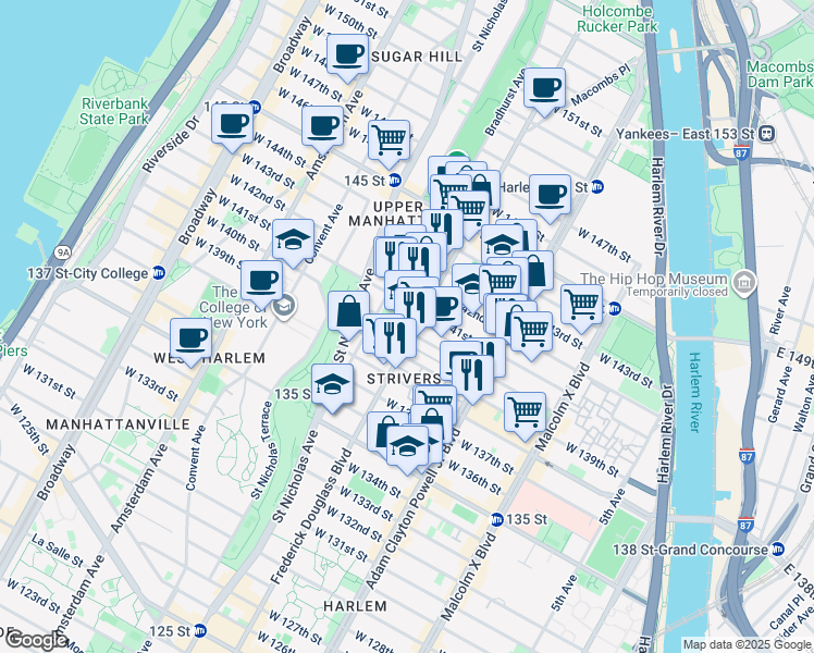 map of restaurants, bars, coffee shops, grocery stores, and more near 301 West 140th Street in New York