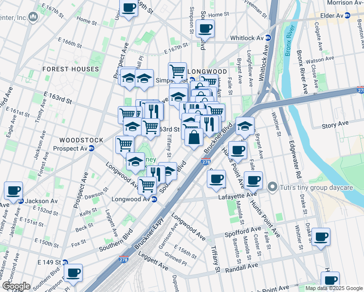 map of restaurants, bars, coffee shops, grocery stores, and more near 908 Simpson Street in Bronx