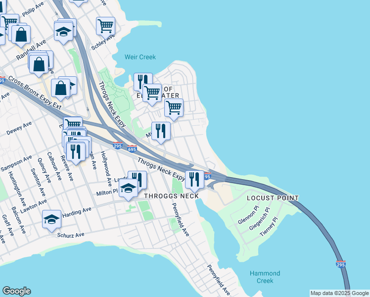 map of restaurants, bars, coffee shops, grocery stores, and more near 217 Blair Avenue in Bronx