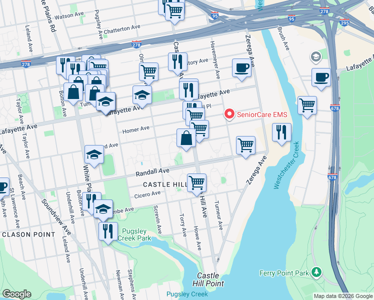 map of restaurants, bars, coffee shops, grocery stores, and more near 2125 Randall Avenue in Bronx
