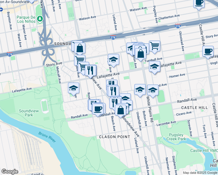map of restaurants, bars, coffee shops, grocery stores, and more near 1809 Seward Avenue in Bronx