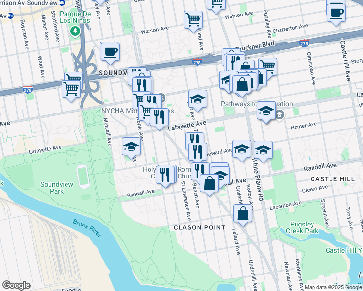 map of restaurants, bars, coffee shops, grocery stores, and more near 715 Saint Lawrence Avenue in Bronx