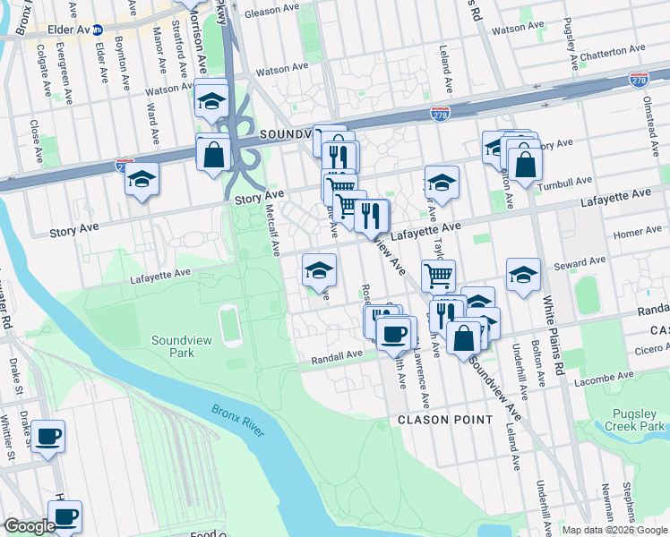 map of restaurants, bars, coffee shops, grocery stores, and more near 729 Noble Avenue in The Bronx